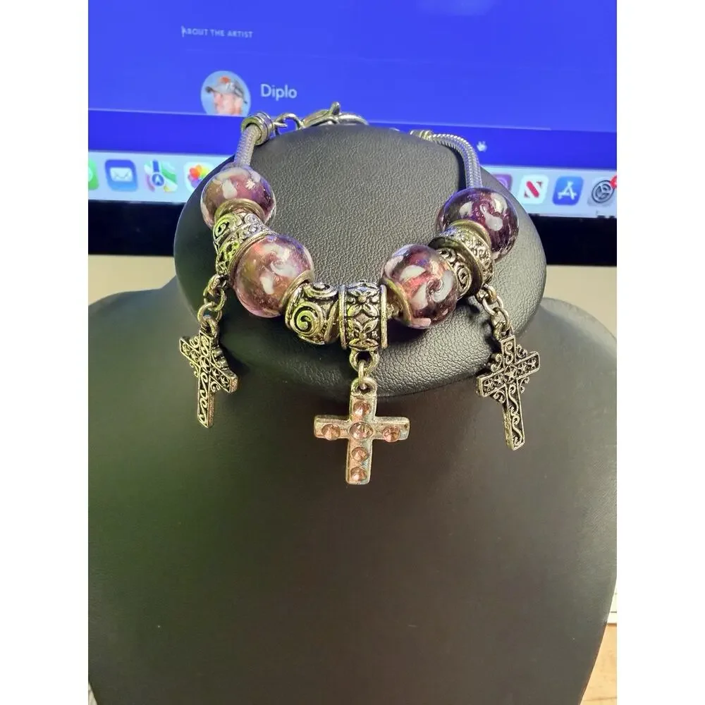 CROSS FAITH DANGLE CHARM BRACELET PURPLE‎ SILVERTONE CHUNKY 8” Y2K